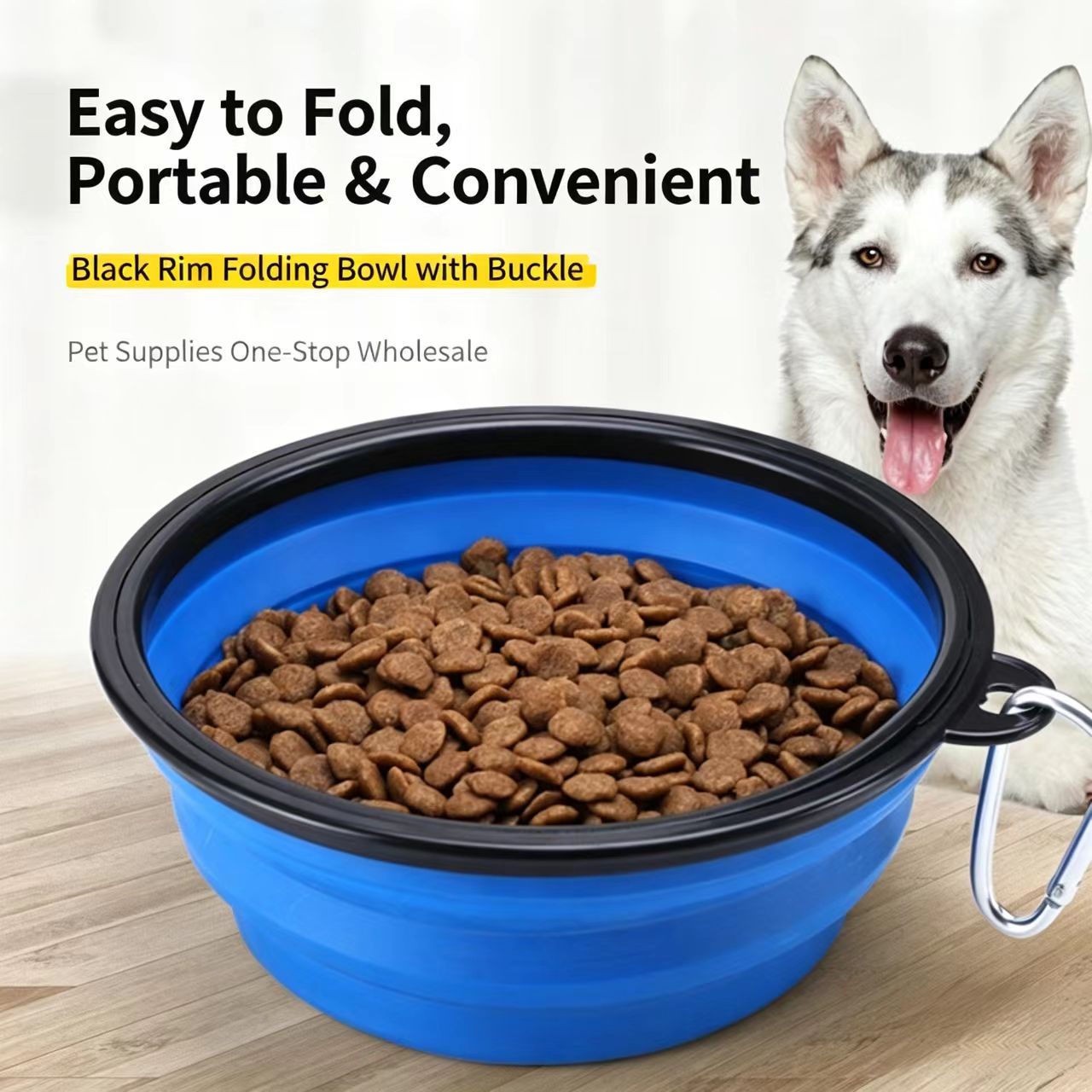 Collapsible TPE pet folding bowl with carabiner, portable travel dog food water bowl, blue pet feeding bowl with black rim for outdoor walking hikin