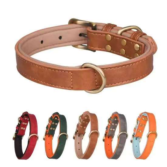 Adjustable leather dog collar, multi color durable soft pet collar with metal D ring