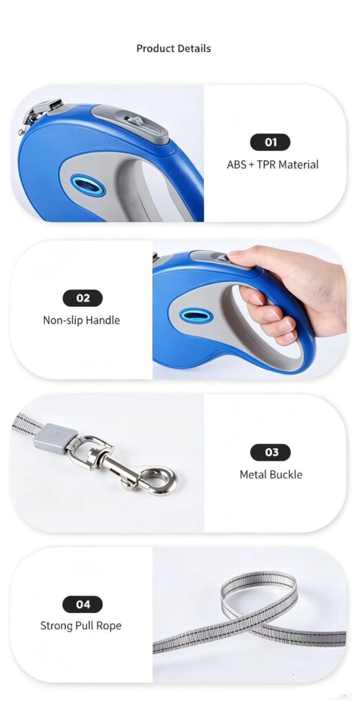 Retractable dog leash product details, ABS TPR non-slip handle, metal buckle and strong pull rope