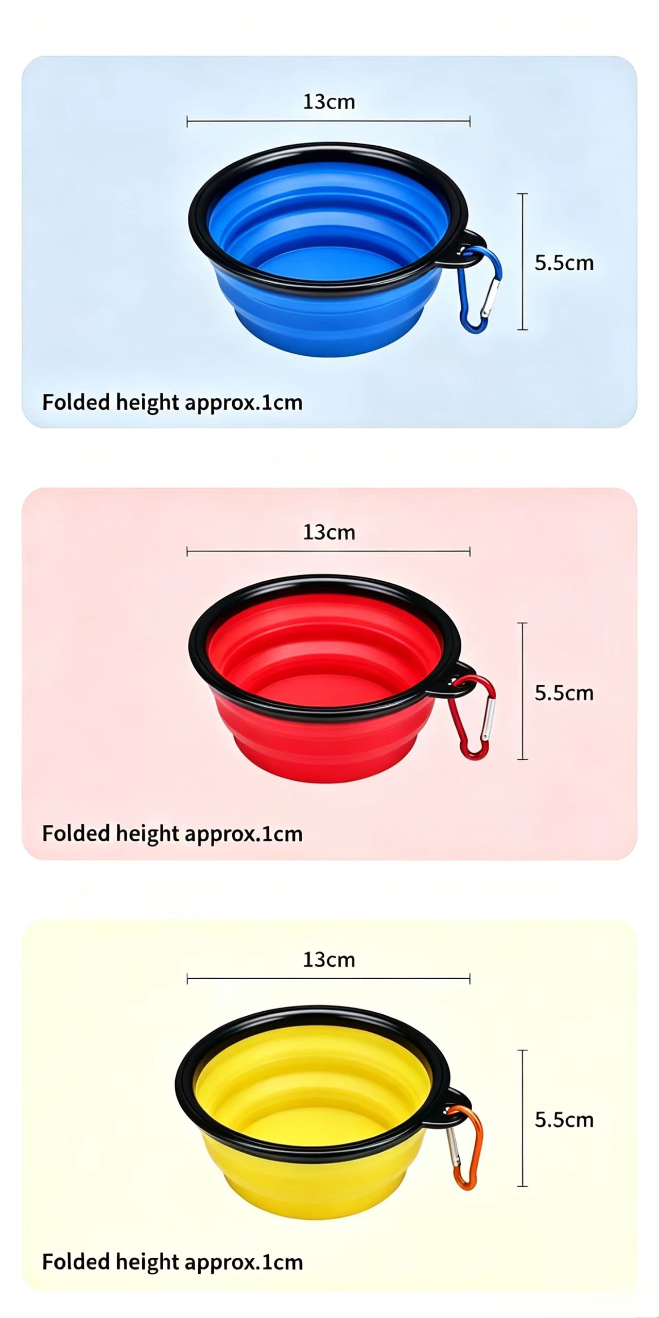 Size diagram of 13cm collapsible TPE pet folding bowl, blue red yellow portable dog bowls with carabiner, unfolded diameter 13cm, side height 5.5cm, folded height approx.1cm