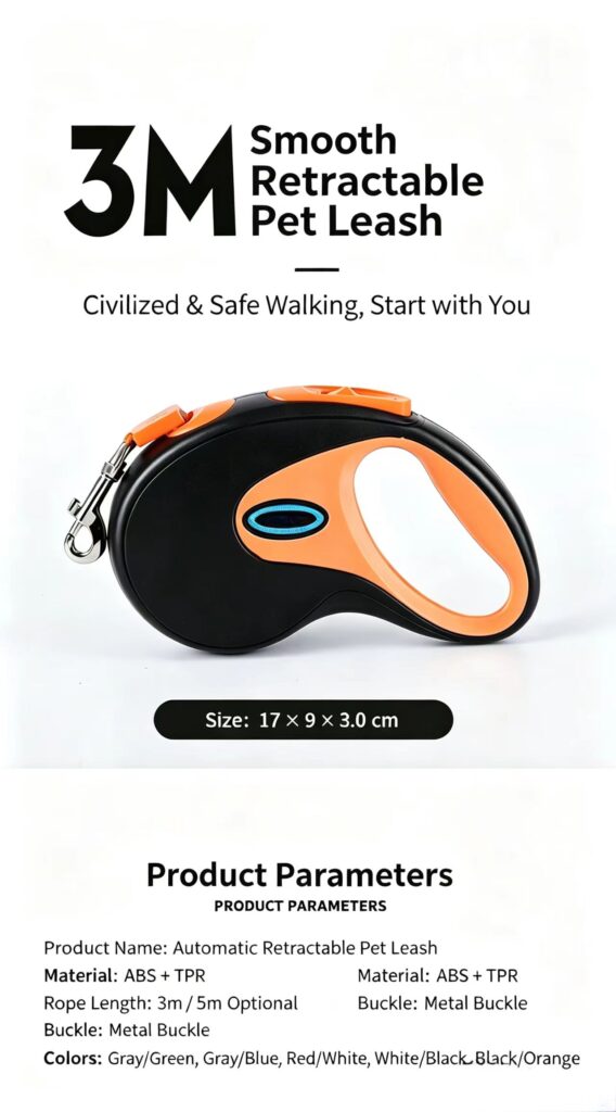 3M 5M optional automatic retractable pet leash, ABS TPR dog leash with metal buckle, multiple colors available