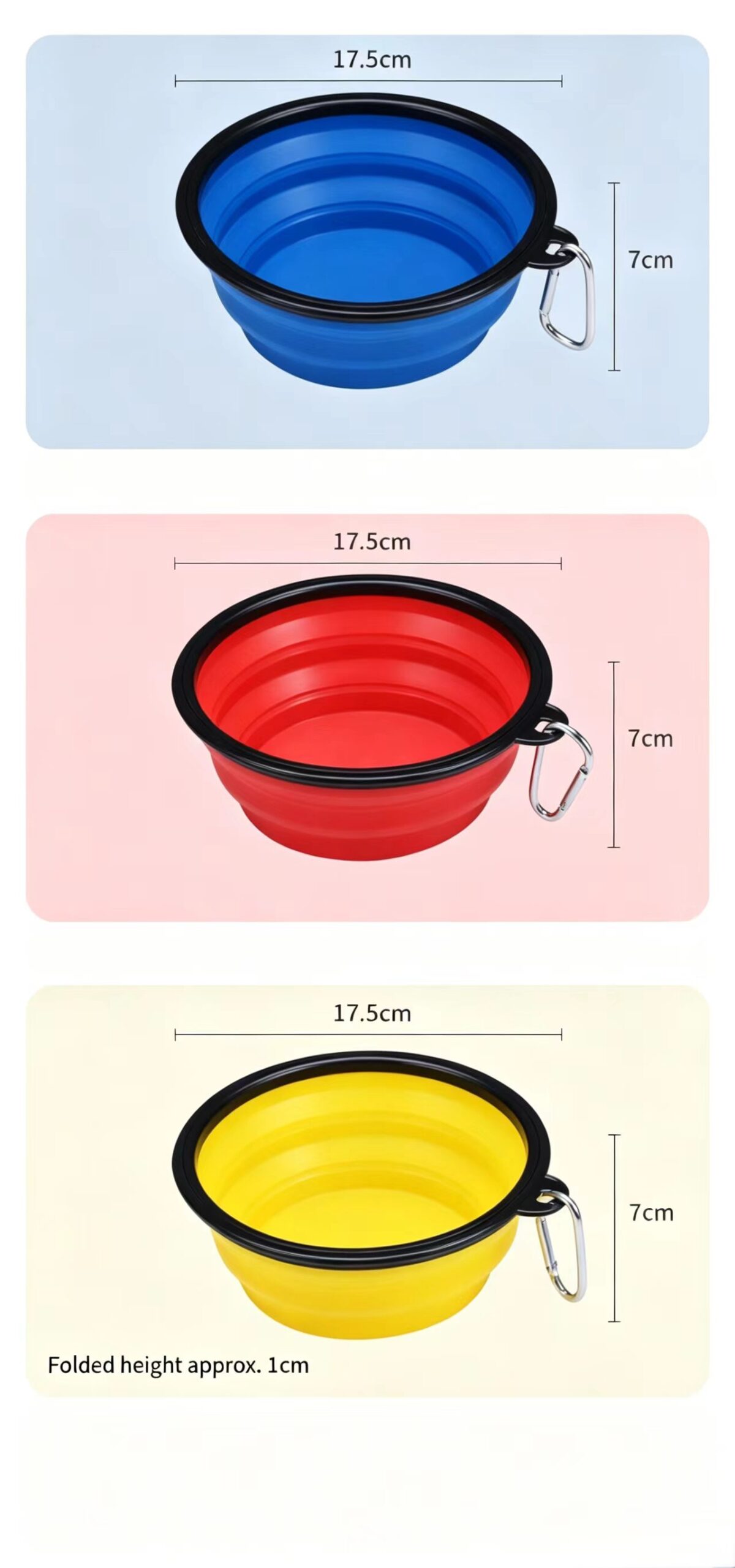 Dimension drawing of large size collapsible TPE pet folding bowl, blue red yellow portable dog bowl with carabiner, dimension labels for reference