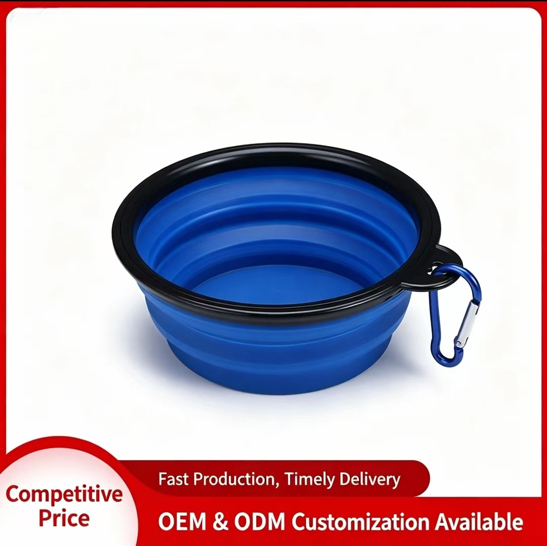 Blue collapsible TPE pet folding bowl with carabiner, portable travel dog water bowl, OEM ODM customizable pet feeding bowl for wholesal