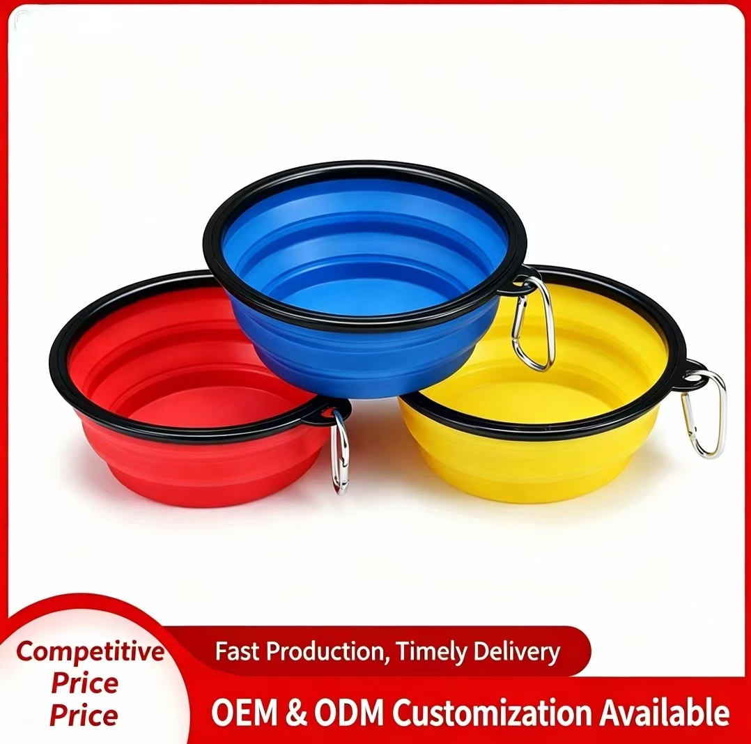 Multi-color collapsible TPE pet folding bowls with carabiners, red blue yellow portable travel dog feeding bowls, OEM ODM wholesale pet bowls
