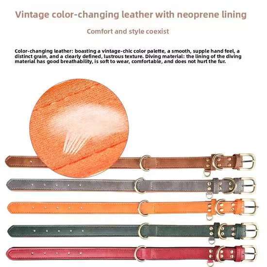 Vintage color changing leather dog collar with soft neoprene lining, breathable pet collar