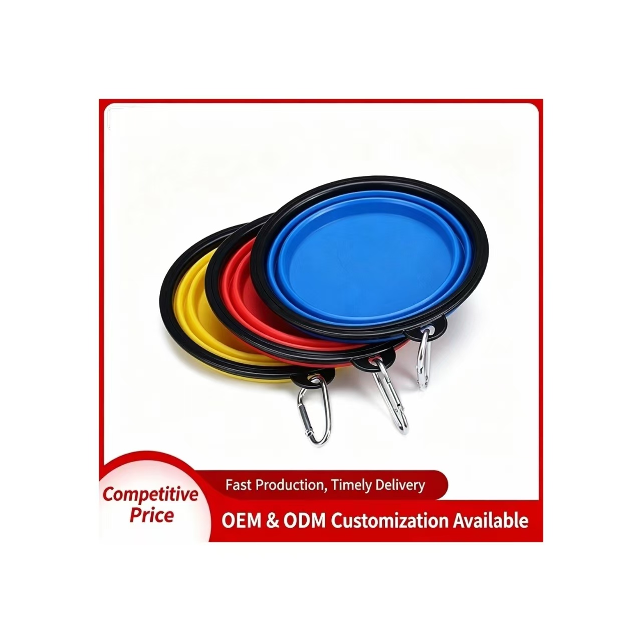 Stackable collapsible TPE pet folding bowls with carabiners, red blue yellow portable dog feeding bowls, OEM ODM customizable pet bowls for wholesale