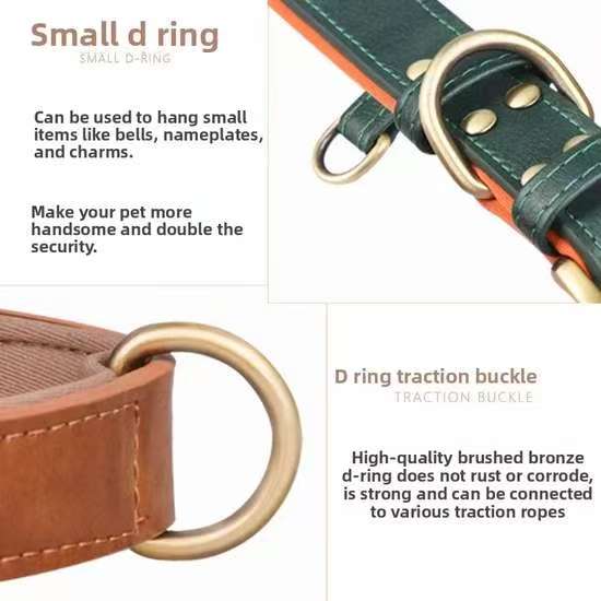 Leather dog collar with metal D ring buckle, sturdy traction ring for leash and pet tag