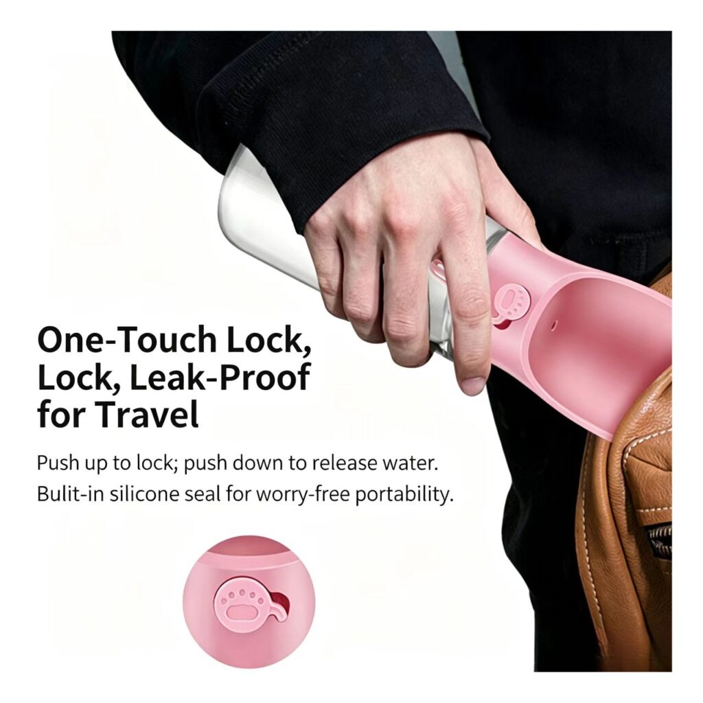 Leak proof pet water bottle with one-touch lock for dog travel