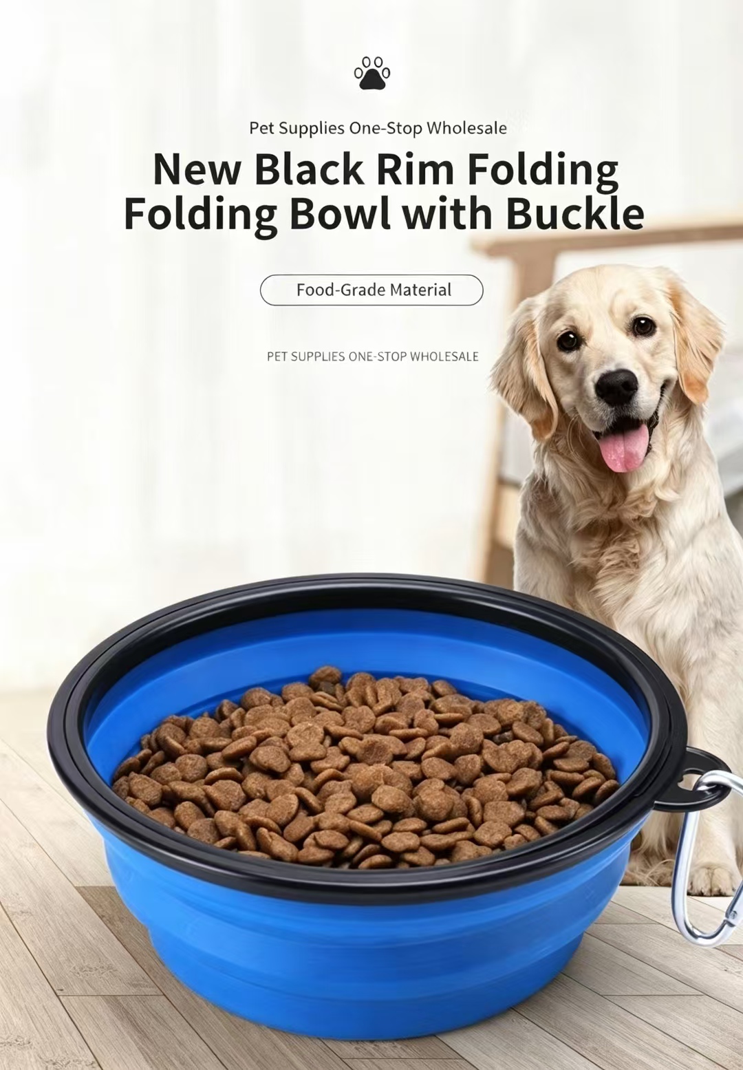 New black rim collapsible TPE pet folding bowl with carabiner, food-grade portable dog feeding bowl, blue travel pet bowl for outdoor walking and wholesale