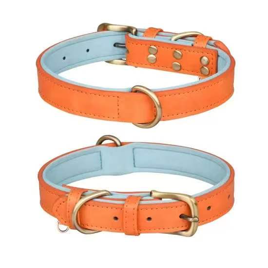 Padded leather dog collar, orange adjustable pet collar with soft inner lining and metal D-ring
