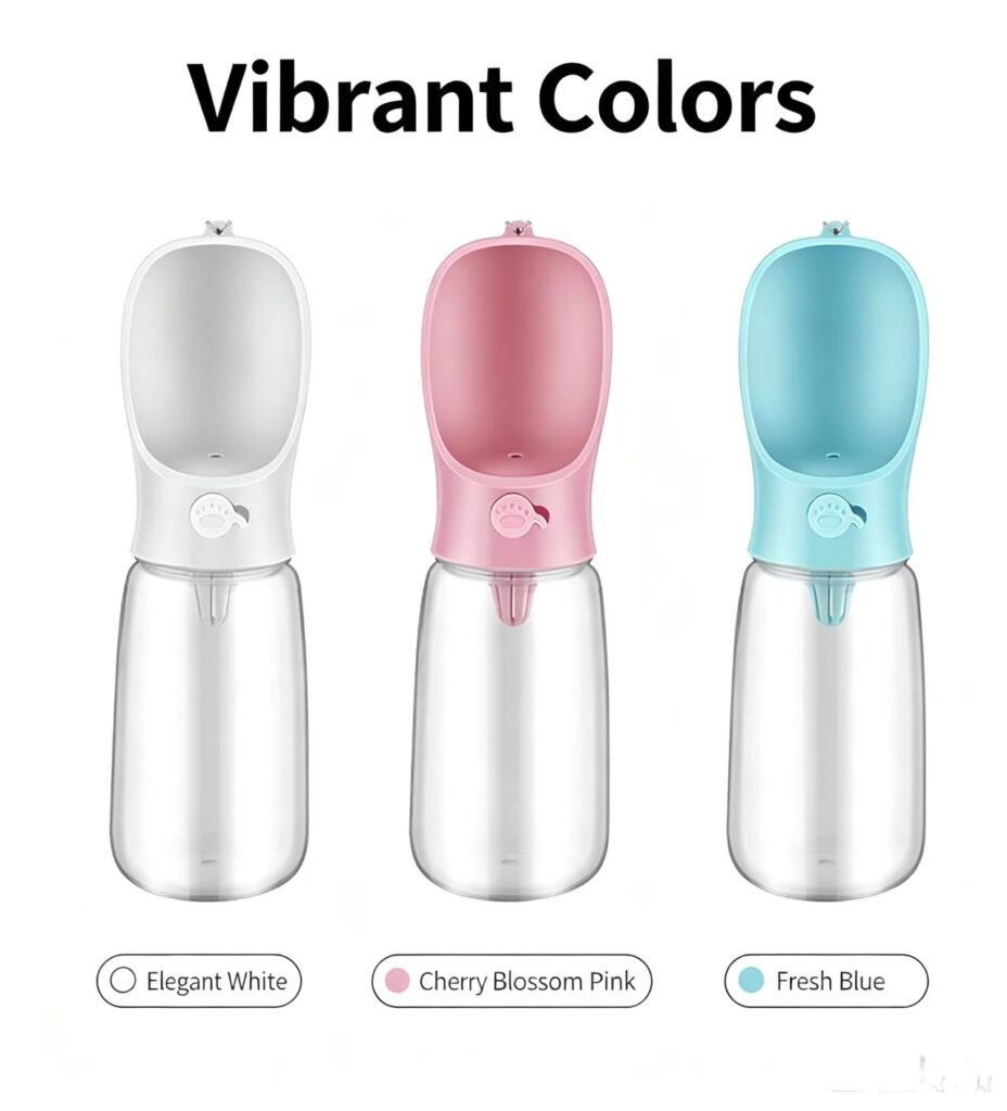 Portable dog water bottle in 3 colors, white pink blue pet drinking bottle