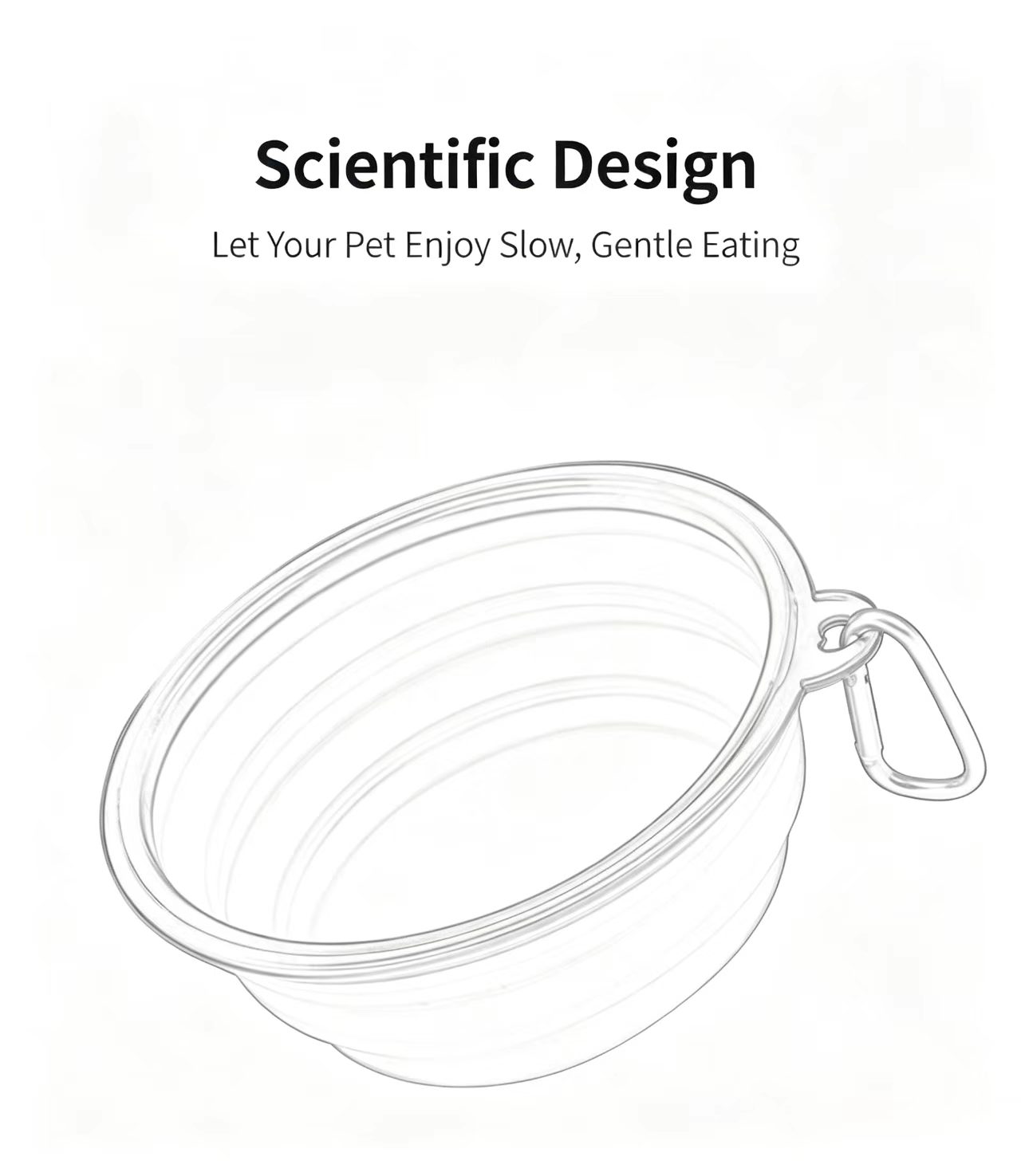 Scientific design sketch of collapsible pet folding bowl with carabiner, portable slow feeding dog bowl for gentle eating, outdoor travel pet feeder