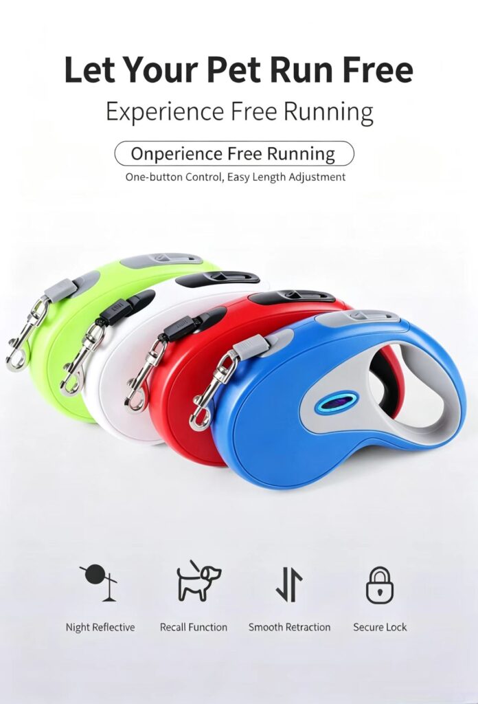 Retractable pet leash with 4 core functions