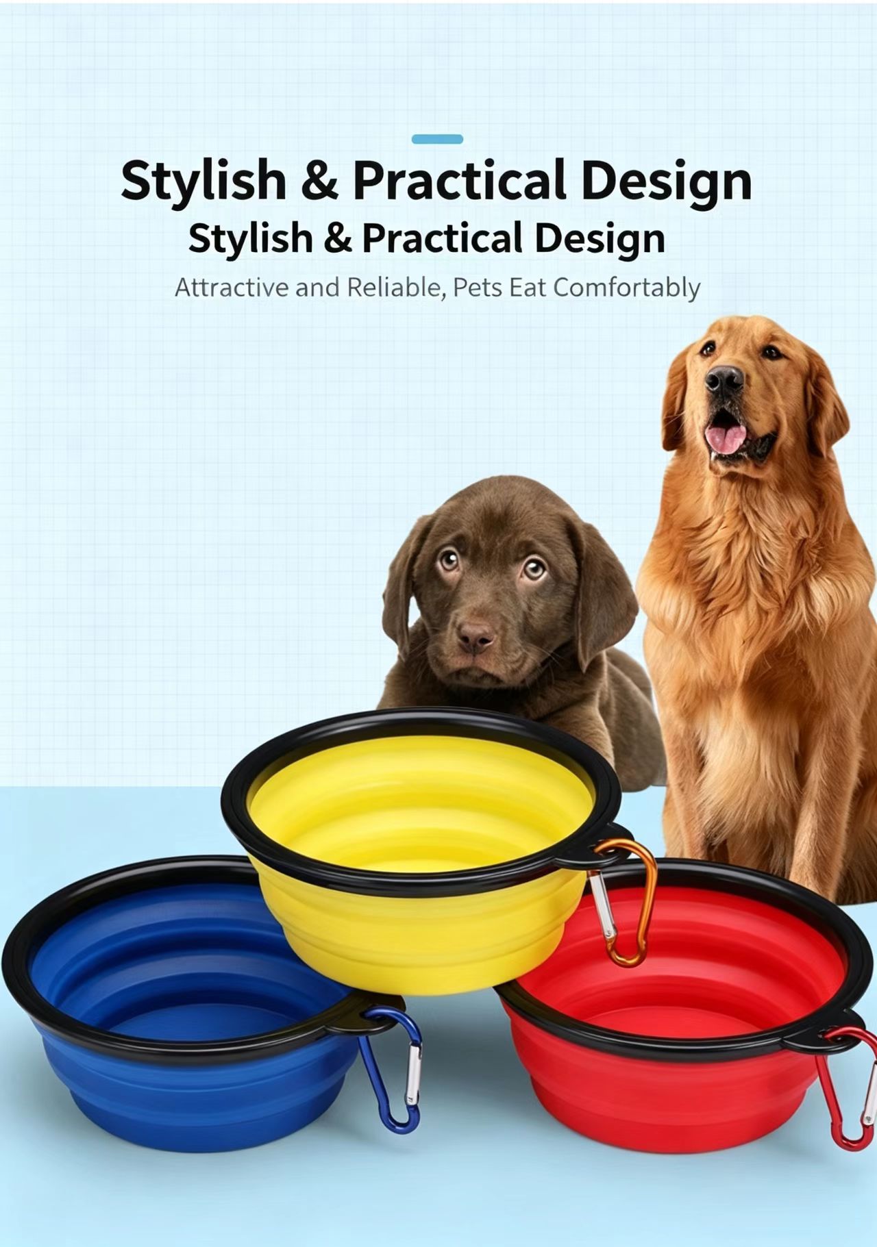 Stylish practical collapsible TPE pet folding bowls with carabiners, multicolor portable dog feeding bowls, blue red yellow travel pet bowls for comfortable eating