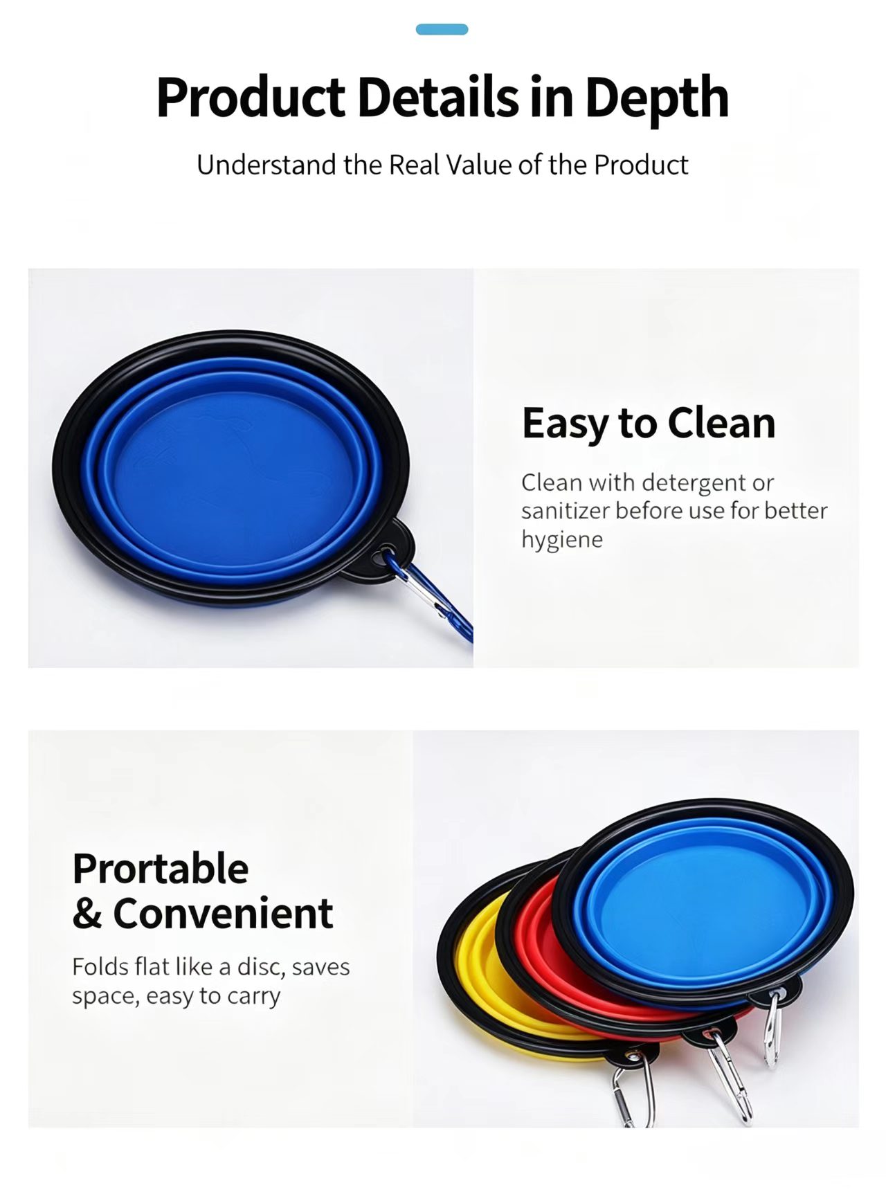 Product details of collapsible pet folding bowls, easy to clean and portable, multi-color dog bowls fold flat to save space with carabiner for outdoor travel