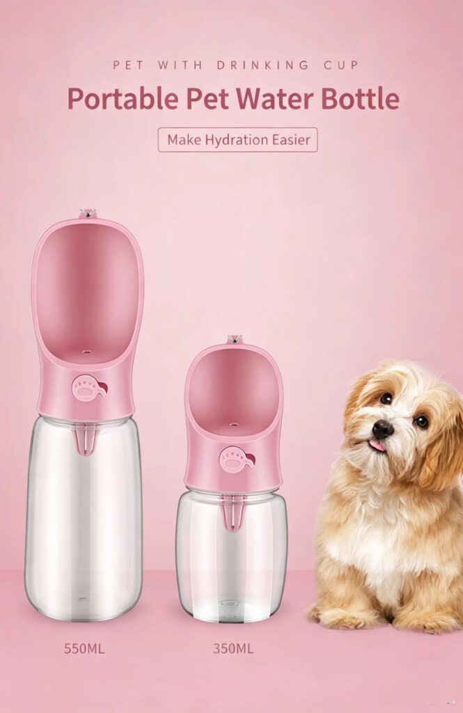 Portable pet water bottle 350ml & 550ml, two capacity dog drinking cup
