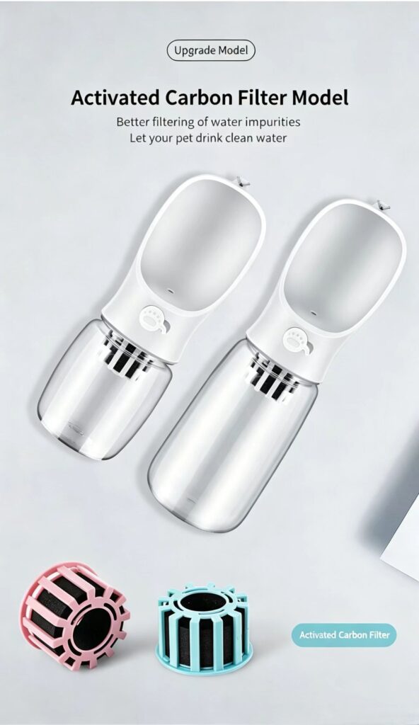 Upgraded dog water bottle with activated carbon filter for clean pet drinking water