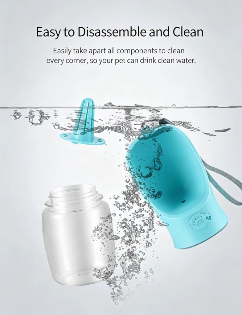 Portable pet water bottle easy to disassemble and fully wash for pet hygiene