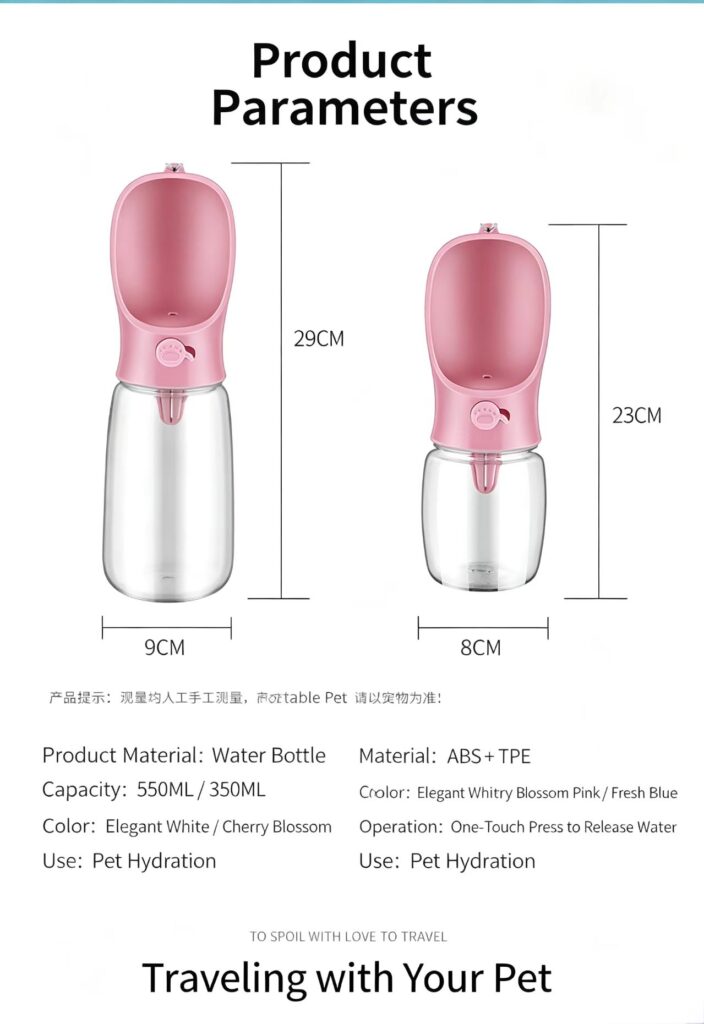 Pet water bottle product parameters, size dimension 350ml & 550ml, ABS+TPE material